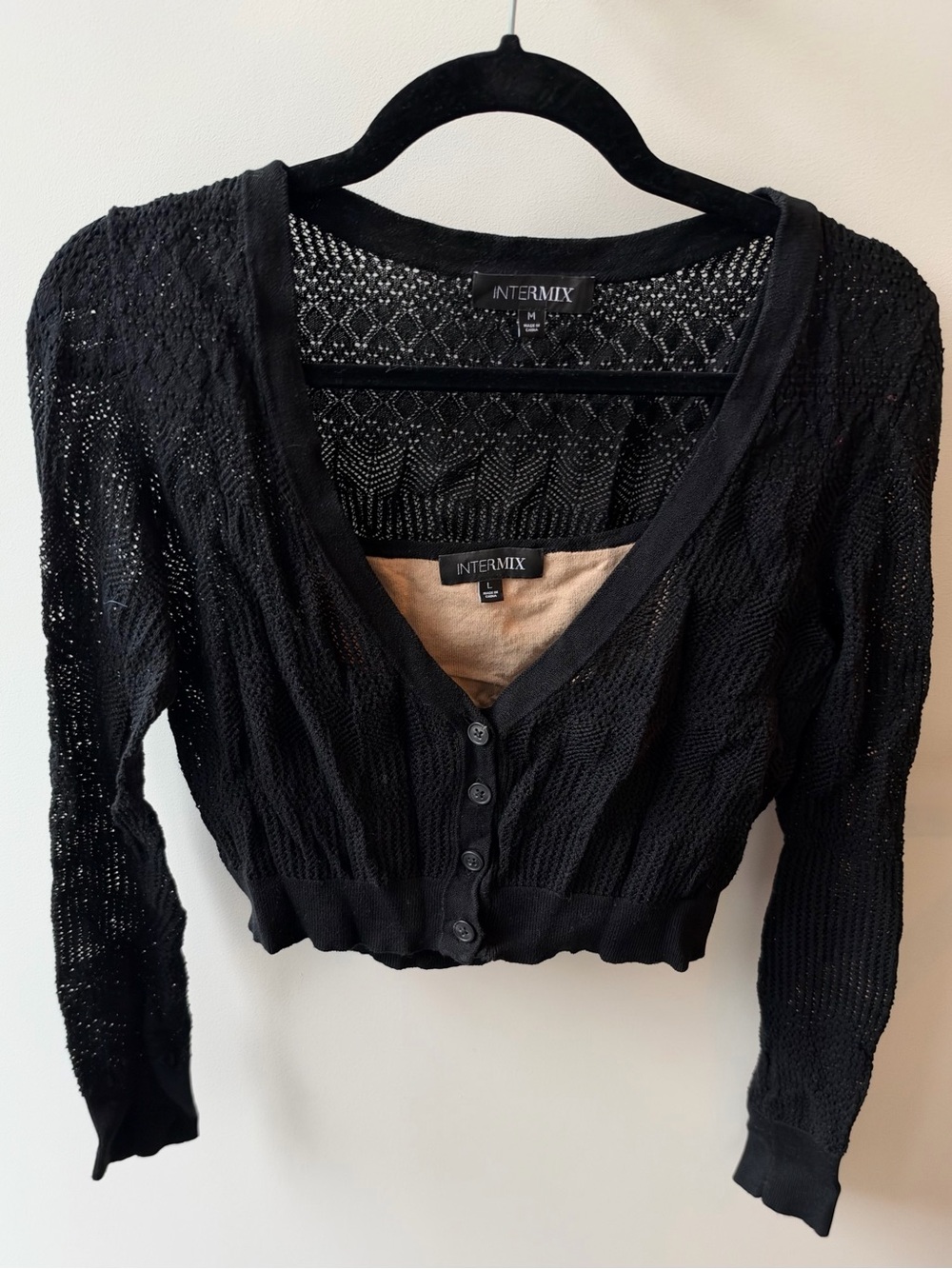 INTERMIX Black Open-Weave V-Neck Button Cardigan with matching bralette/tank